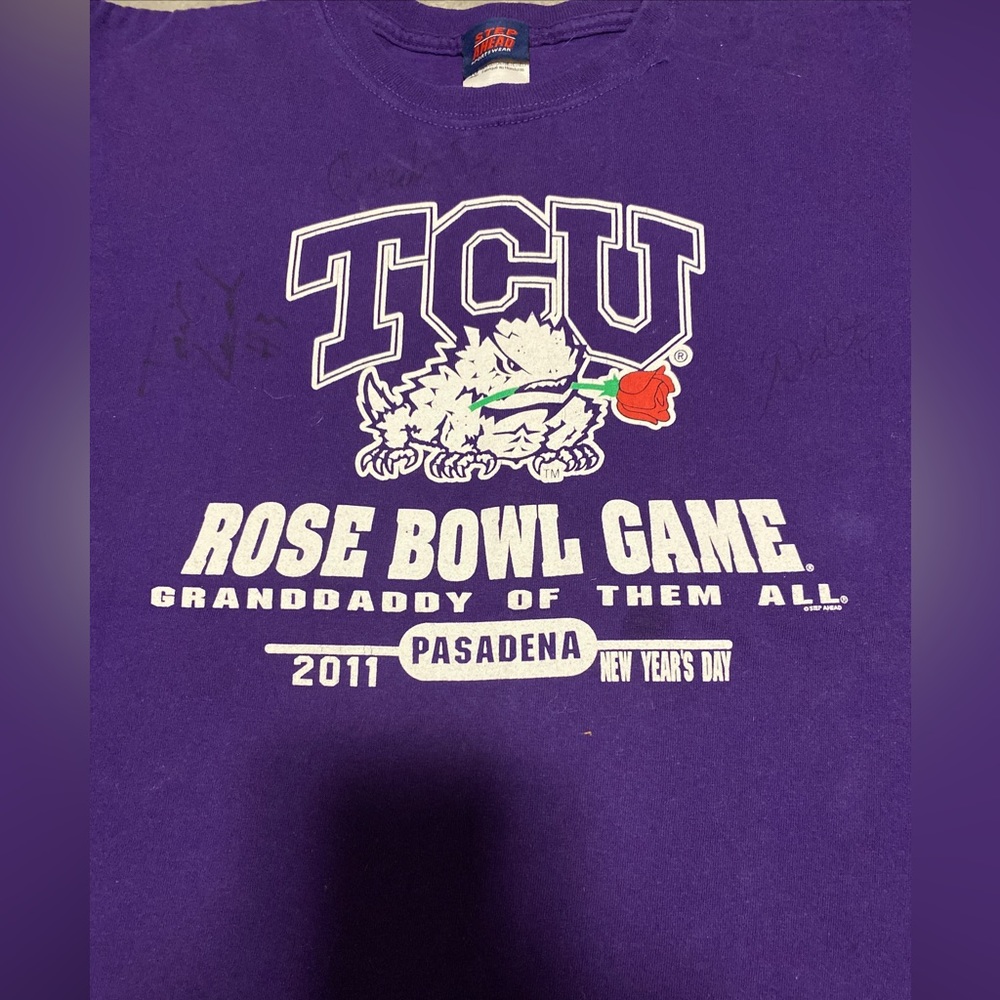 Andy Dalton, Gary Patterson, Tank Carder autographed Rose Bowl parade shirt